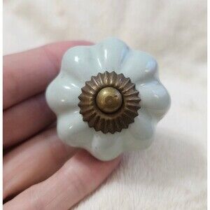 NWT Pier 1 Mint Green Porcelain Flower Brass Accent Drawer Pull Cabinet Knob 2"